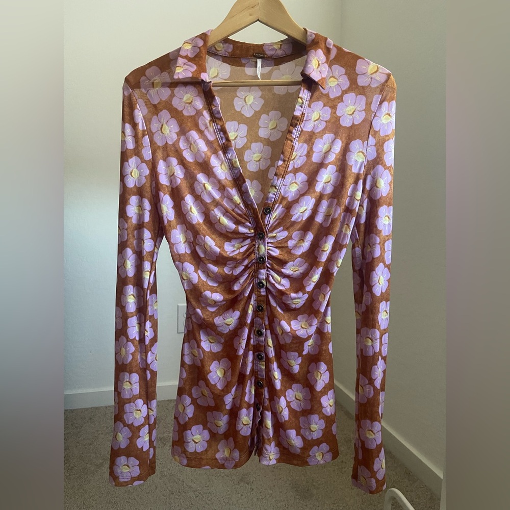 Free People Rust Floral Ruched Button-Front Top